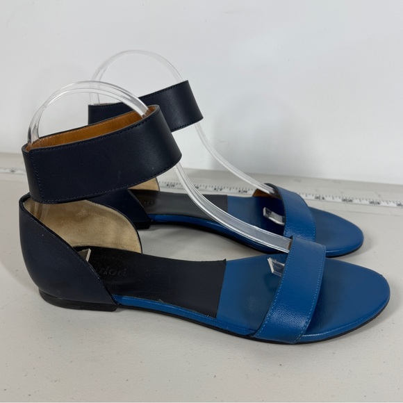 Chloé Gala Two Tone Blue Leather Ankle Strap Sandals Size 37.5 Classic Summer - Picture 2 of 16